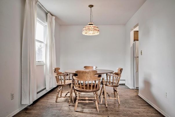 Dining room, Interior, Pendant Lights, Wood Texture Flooring