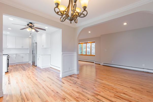 Chandelier, Empty room, Interior, Kitchen, Recessed Lighting, Wood Texture Flooring