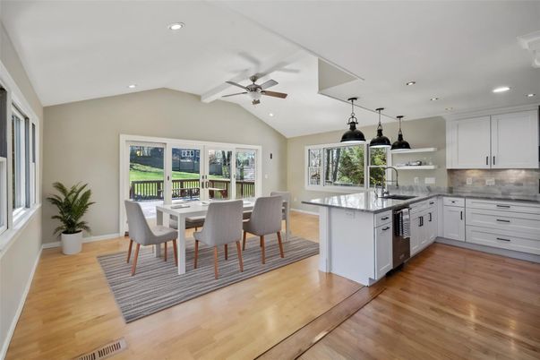 Dining room, Interior, Kitchen, Pendant Lights, Recessed Lighting, Wood Texture Flooring