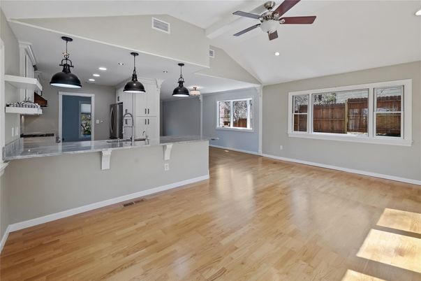 Interior, Kitchen, Pendant Lights, Recessed Lighting, Wood Texture Flooring
