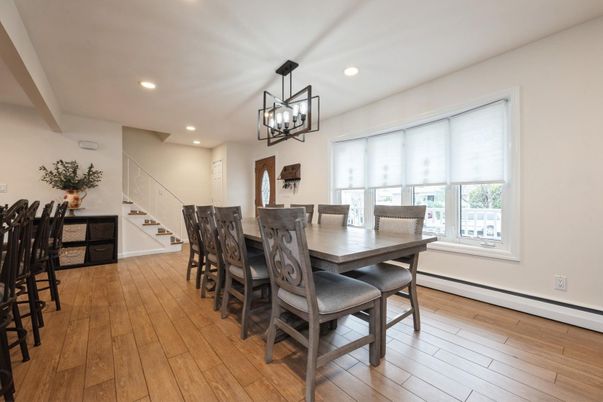 Dining room, Interior, Pendant Lights, Recessed Lighting, Wood Texture Flooring