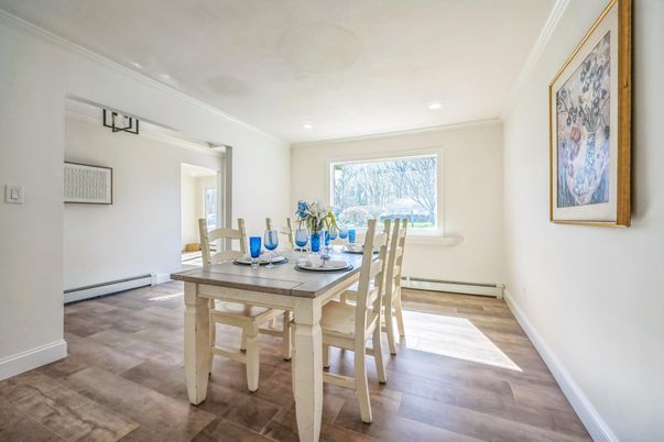 Dining room, Interior, Recessed Lighting, Wood Texture Flooring