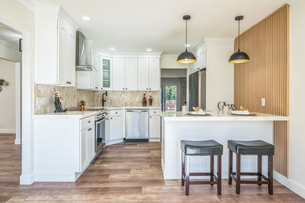 Interior, Kitchen, Pendant Lights, Recessed Lighting, Wood Texture Flooring