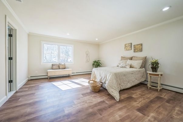 Bedroom, Interior, Recessed Lighting, Wood Texture Flooring