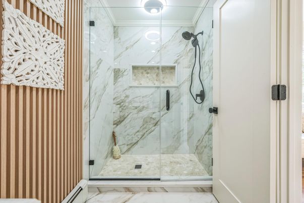 Bathroom, Glass Shower, Interior, Marble, Marble Walls