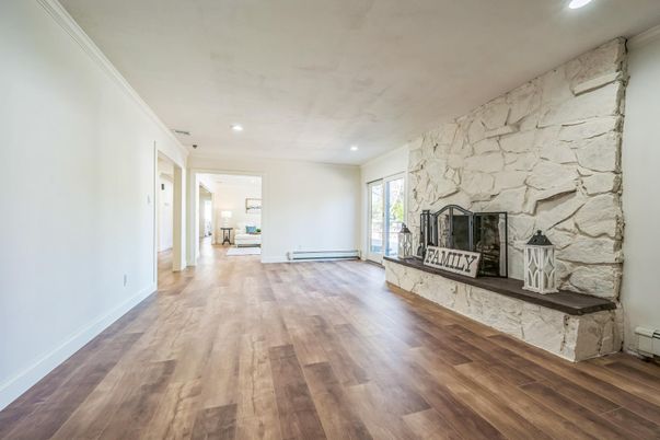 Fireplace, Interior, Recessed Lighting, Stone Walls, Wood Texture Flooring