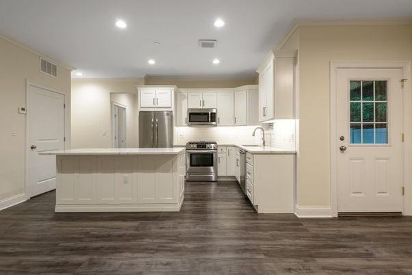 Interior, Kitchen, Recessed Lighting, Stainless Steel Appliances, Wood Texture Flooring