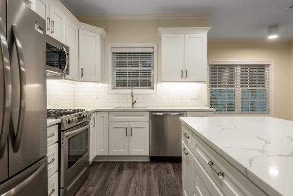 Interior, Kitchen, Recessed Lighting, Stainless Steel Appliances, Wood Texture Flooring