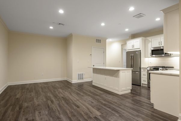 Interior, Kitchen, Recessed Lighting, Stainless Steel Appliances, Wood Texture Flooring