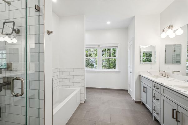 Bathroom, Dual Sink Vanities, Glass Shower, Interior, Recessed Lighting