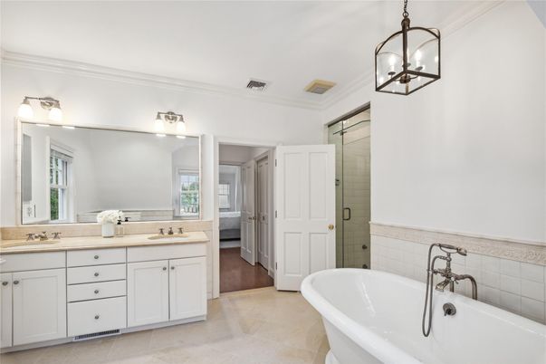 Bathroom, Dual Sink Vanities, Free Standing Baths, Glass Shower, Interior, Pendant Lights