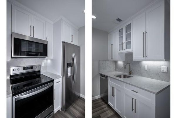 Interior, Kitchen, Recessed Lighting, Stainless Steel Appliances, Wood Texture Flooring