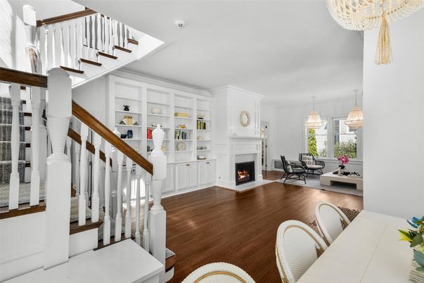 Chandelier, Dining room, Fireplace, Interior, Pendant Lights, Wood Texture Flooring
