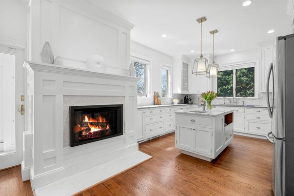 Fireplace, Interior, Kitchen, Pendant Lights, Recessed Lighting, Wood Texture Flooring