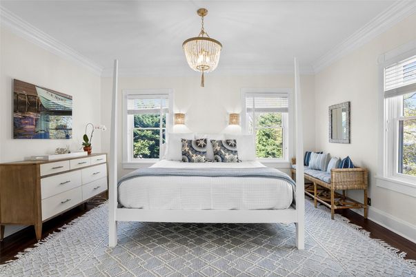 Bedroom, Interior, Pendant Lights, Wood Texture Flooring