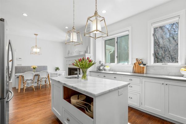 Dining room, Fireplace, Interior, Kitchen, Pendant Lights, Recessed Lighting, Wood Texture Flooring