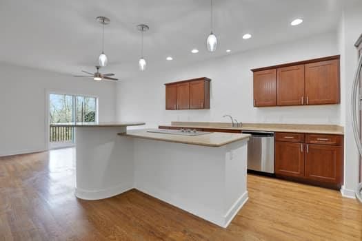 Interior, Kitchen, Pendant Lights, Recessed Lighting, Stainless Steel Appliances, Wood Texture Flooring