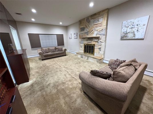 Fireplace, Interior, Living room, Recessed Lighting, Stone Walls