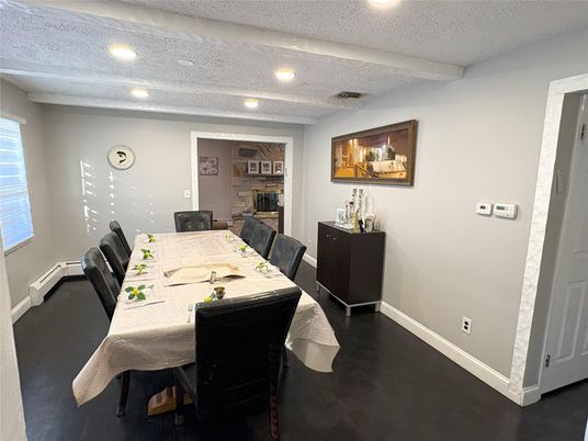 Dining room, Fireplace, Interior, Recessed Lighting
