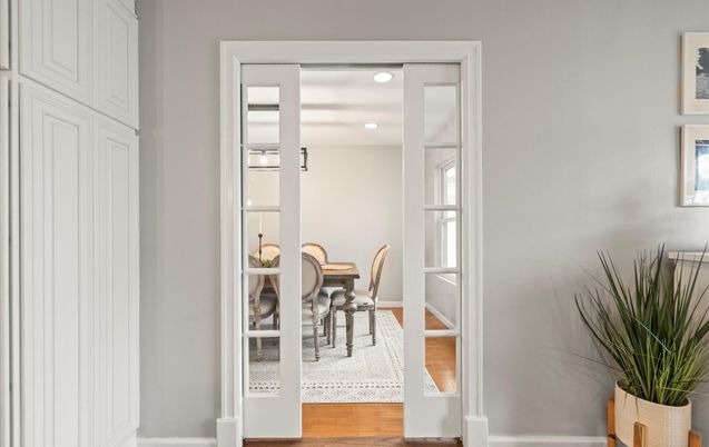 Dining room, Interior, Recessed Lighting, Wood Texture Flooring