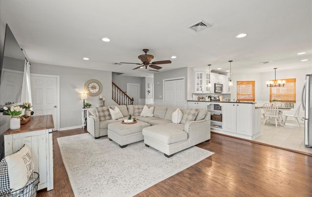 Chandelier, Dining room, Interior, Kitchen, Living room, Pendant Lights, Recessed Lighting, Wood Texture Flooring