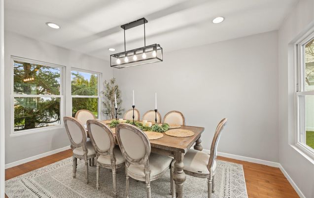 Dining room, Interior, Pendant Lights, Recessed Lighting, Wood Texture Flooring