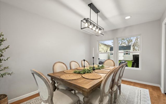 Dining room, Interior, Pendant Lights, Recessed Lighting, Wood Texture Flooring
