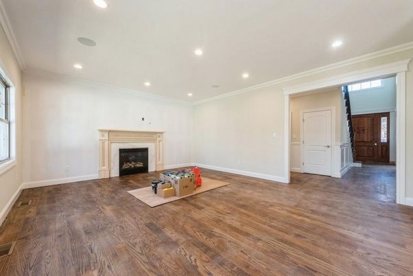 Empty room, Fireplace, Interior, Recessed Lighting, Wood Texture Flooring