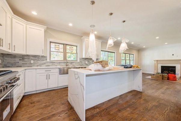 Fireplace, Interior, Kitchen, Pendant Lights, Recessed Lighting, Stainless Steel Appliances, Wood Texture Flooring