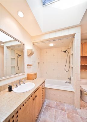 Bathroom, Dual Sink Vanities, Interior, Recessed Lighting, Tile Countertops