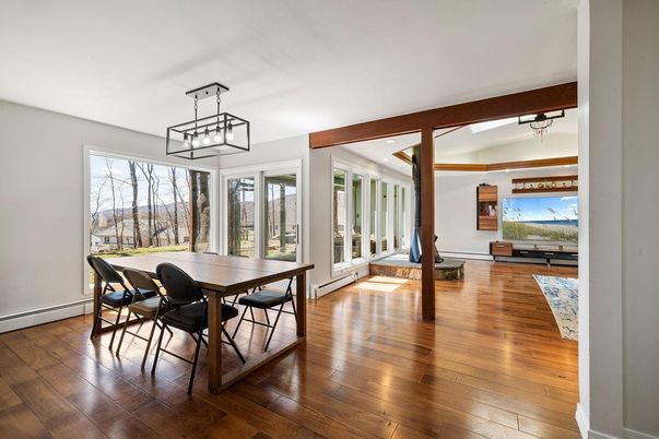 Dining room, Interior, Pendant Lights, Recessed Lighting, Wooden Beams, Wood Texture Flooring