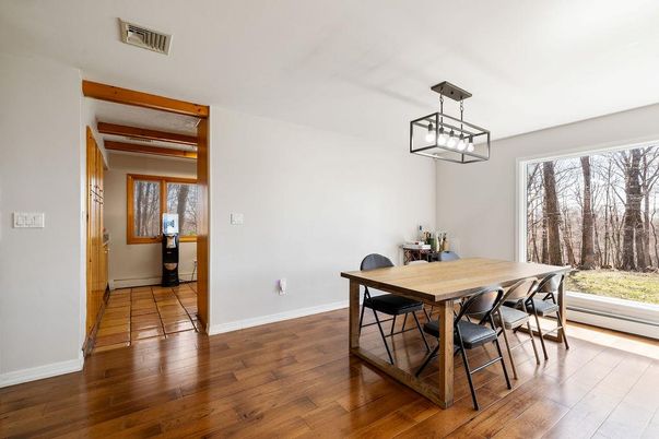 Dining room, Interior, Pendant Lights, Wood Texture Flooring