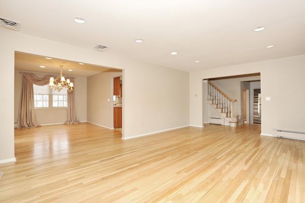 Chandelier, Empty room, Interior, Recessed Lighting, Wood Texture Flooring