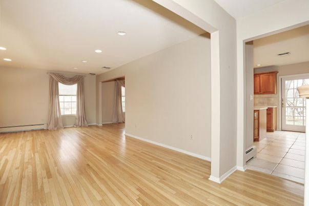 Empty room, Interior, Kitchen, Recessed Lighting, Wood Texture Flooring