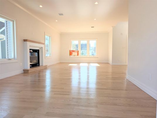 Empty room, Fireplace, Interior, Recessed Lighting, Wood Texture Flooring
