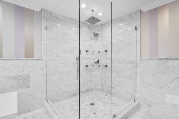 Bathroom, Glass Shower, Interior, Marble Walls, Recessed Lighting