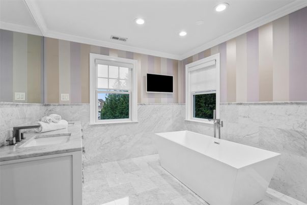 Bathroom, Free Standing Baths, Interior, Marble Walls, Recessed Lighting