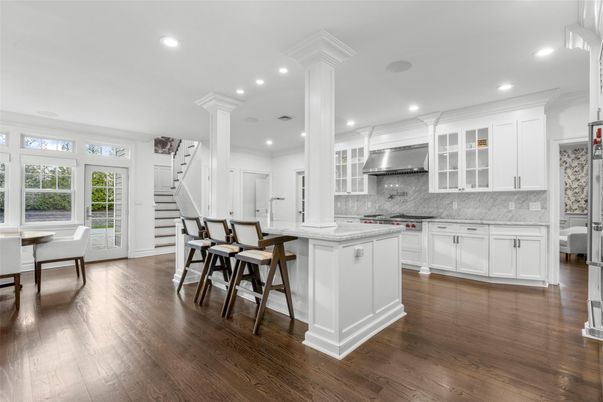 Dining room, Interior, Kitchen, Recessed Lighting, Stainless Steel Appliances, Wood Texture Flooring