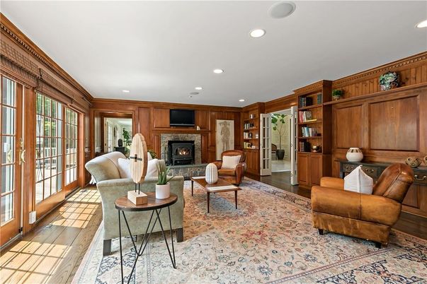 Fireplace, Interior, Living room, Recessed Lighting, Wood Texture Flooring, Wooden Walls
