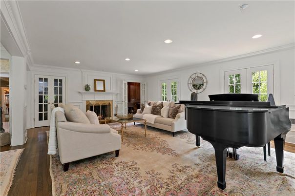 Fireplace, Interior, Living room, Piano, Recessed Lighting, Wood Texture Flooring