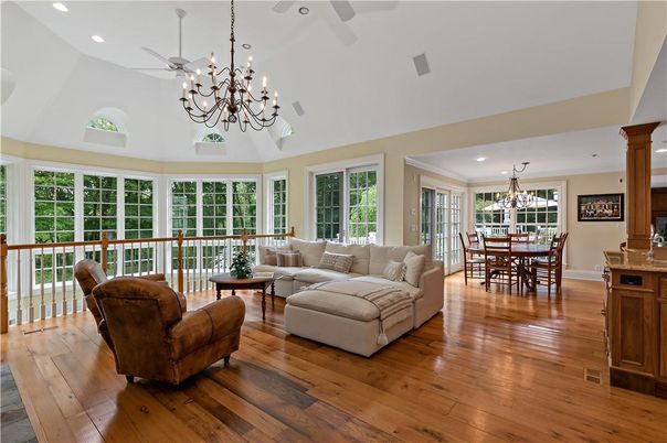 Chandelier, Dining room, Fireplace, Interior, Living room, Recessed Lighting, Wood Texture Flooring