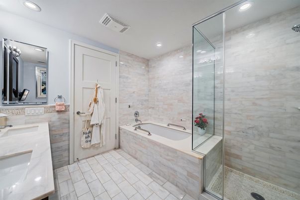 Bathroom, Dual Sink Vanities, Glass Shower, Interior, Recessed Lighting
