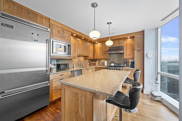 Interior, Kitchen, Pendant Lights, Recessed Lighting, Stainless Steel Appliances, Wood Texture Flooring
