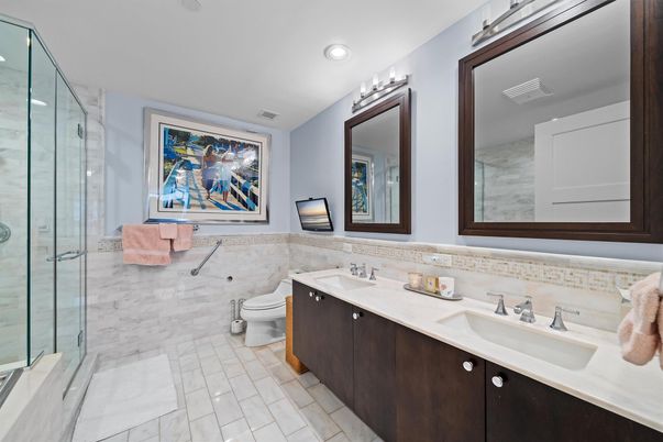Bathroom, Dual Sink Vanities, Glass Shower, Interior, Marble, Recessed Lighting