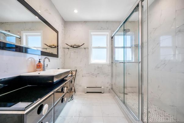 Bathroom, Glass Shower, Interior, Marble, Marble Walls, Recessed Lighting