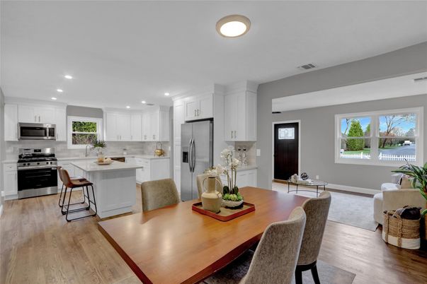 Dining room, Interior, Kitchen, Recessed Lighting, Stainless Steel Appliances, Wood Texture Flooring