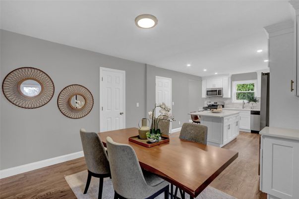 Dining room, Interior, Kitchen, Recessed Lighting, Wood Texture Flooring