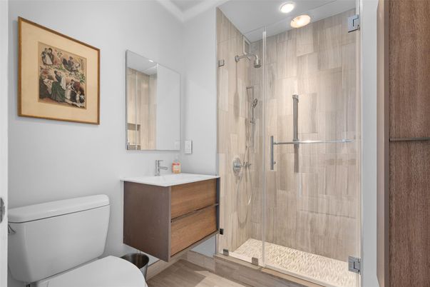 Bathroom, Glass Shower, Interior, Recessed Lighting, Wood Texture Flooring