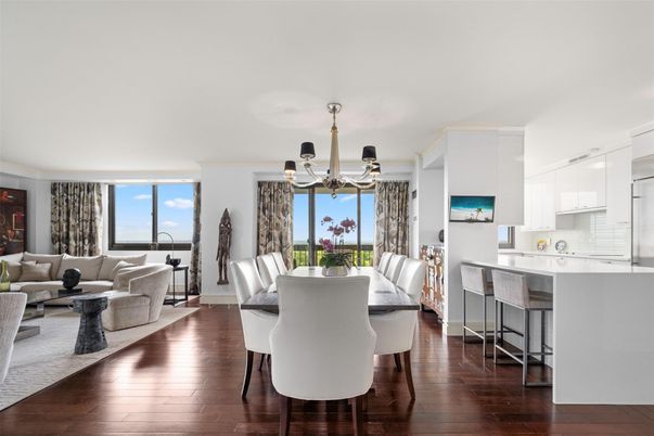Chandelier, Dining room, Interior, Kitchen, Living room, Water, Wood Texture Flooring