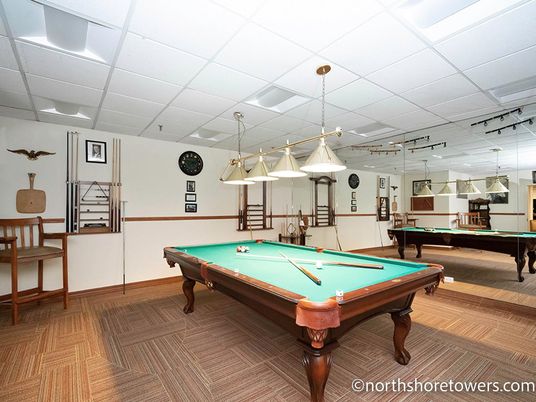Billiard Table, Game Room, Interior, Pendant Lights, Recessed Lighting, Wood Texture Flooring